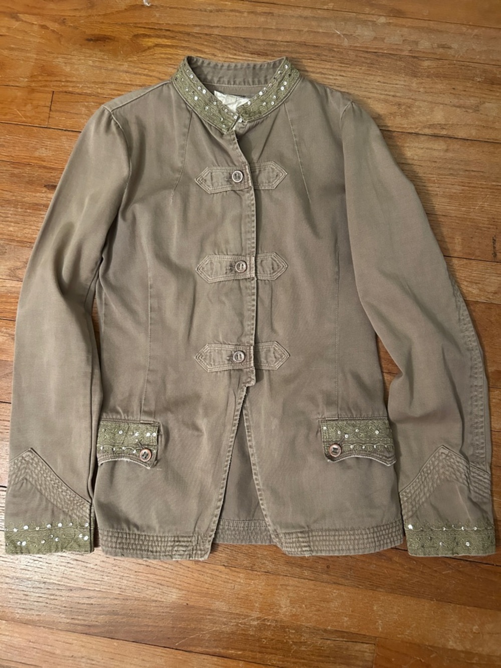 Da-Nang Y2K Military Blazer Jacket Sequin Embroidery Olive Khaki Cotton-Size M